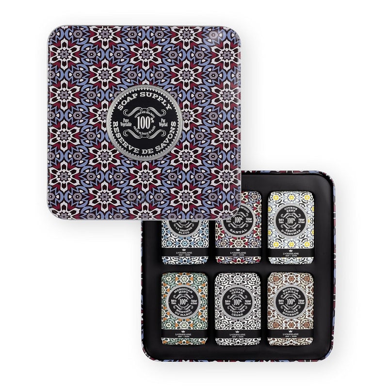La Chatelaine Soap Supply Tin Gift Set Unisex Men Women Plantbased shea butter bar soaps Made in France Natural and Organic Large soap bars Set of 6 88 oz250g bars Red Mosaic - Image 1
