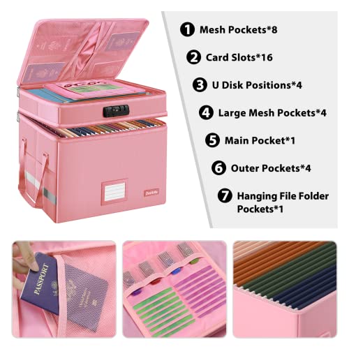 DocSafe File Box with Lock,Multi-Layer Fireproof Document Box Collapsible File Storage Organizer with Pockets/Handle,Large Portable Home Office Filing Safe for Hanging Letter/Legal Size Folders,Pink - Image 2