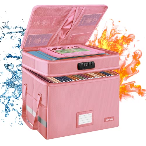DocSafe File Box with Lock,Multi-Layer Fireproof Document Box Collapsible File Storage Organizer with Pockets/Handle,Large Portable Home Office Filing Safe for Hanging Letter/Legal Size Folders,Pink - Image 1