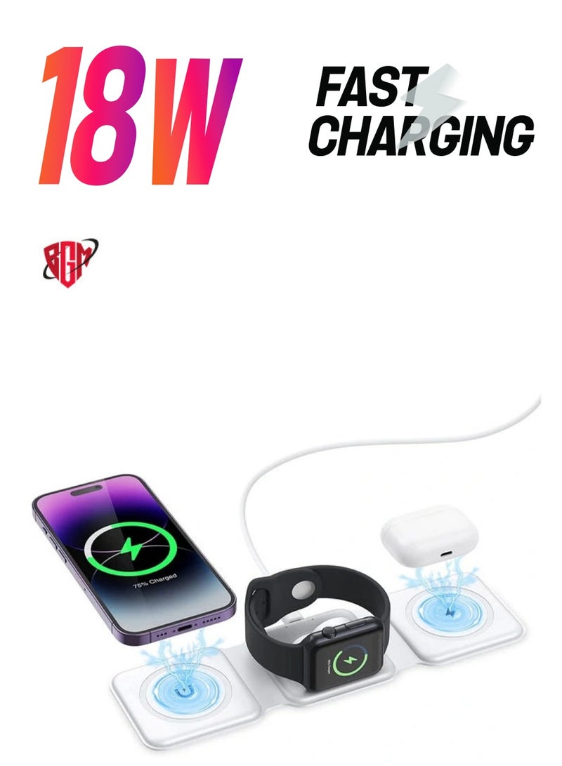 BGM 3 in 1 Wireless Charger, Foldable Magnetic Charger Station, 18W Fast Wireless Charging Pad, Compatible with iPhone 14/13/12/11, Samsung Galaxy, AirPods, Google Pixel, i-Watch  - Image 1