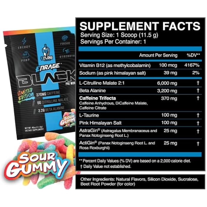 eFlow Nutrition ENRAGE Black Sour Gummy Preworkout Sample Packs - Travel Packs - High Stim Energy, Pump, Strength, Endurance, Focus, Nootropic Formula - Sour Gummy Flavor (6 Packs) - Image 2