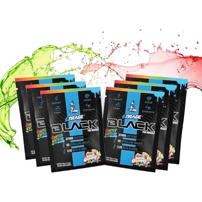 eFlow Nutrition ENRAGE Black Sour Gummy Preworkout Sample Packs - Travel Packs - High Stim Energy, Pump, Strength, Endurance, Focus, Nootropic Formula - Sour Gummy Flavor (6 Packs) - Image 1