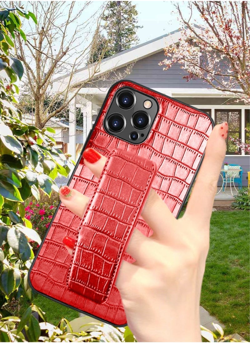 Apple iPhone 14 Pro Hand Strap Alligator Pattern Leather Back Case – Red