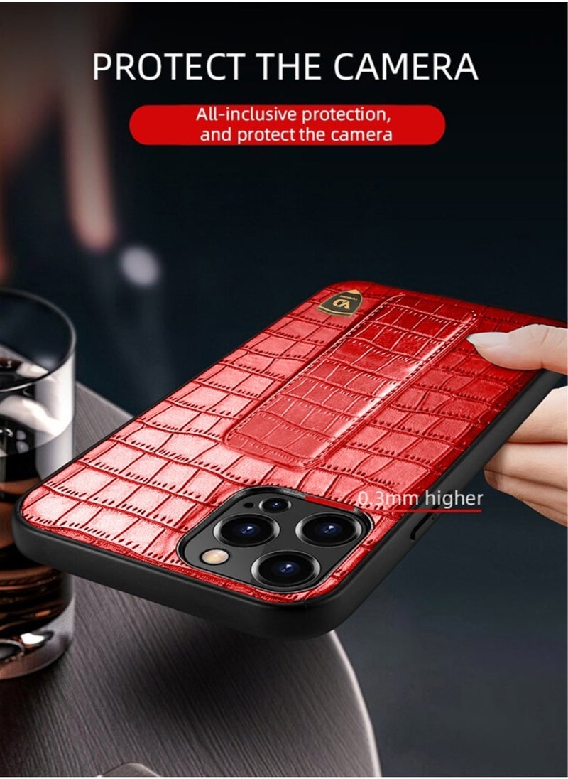 Apple iPhone 14 Pro Hand Strap Alligator Pattern Leather Back Case – Red