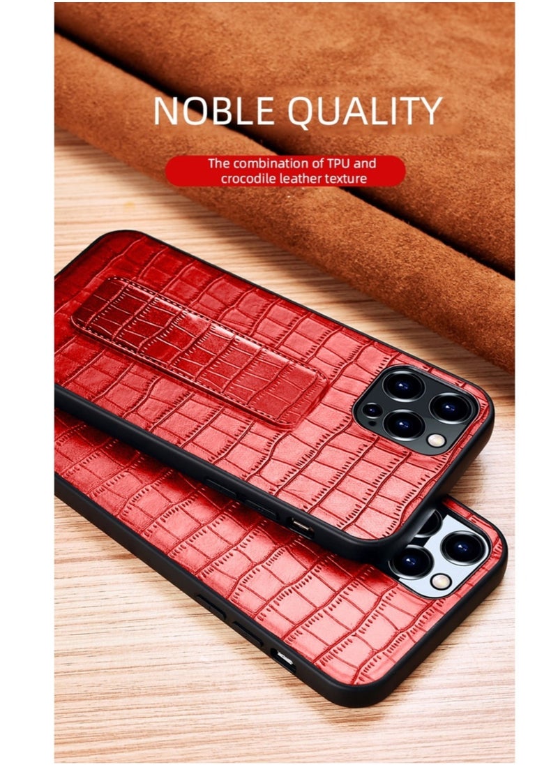 Apple iPhone 14 Pro Hand Strap Alligator Pattern Leather Back Case – Red
