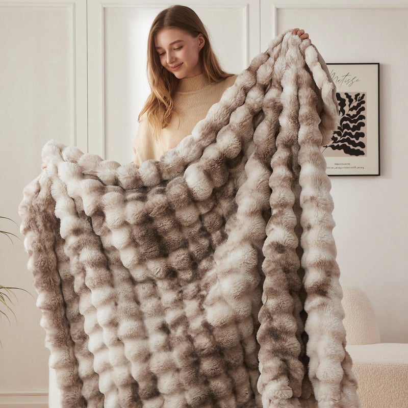 COOVA Faux Fur Throw Blanket for Couch, Cozy Soft and Fuzzy Plush Rabbit Fur Bubble Blanket for Sofa Bedroom Living Room, 50x60 Inches Tie Dye Brown - Image 4