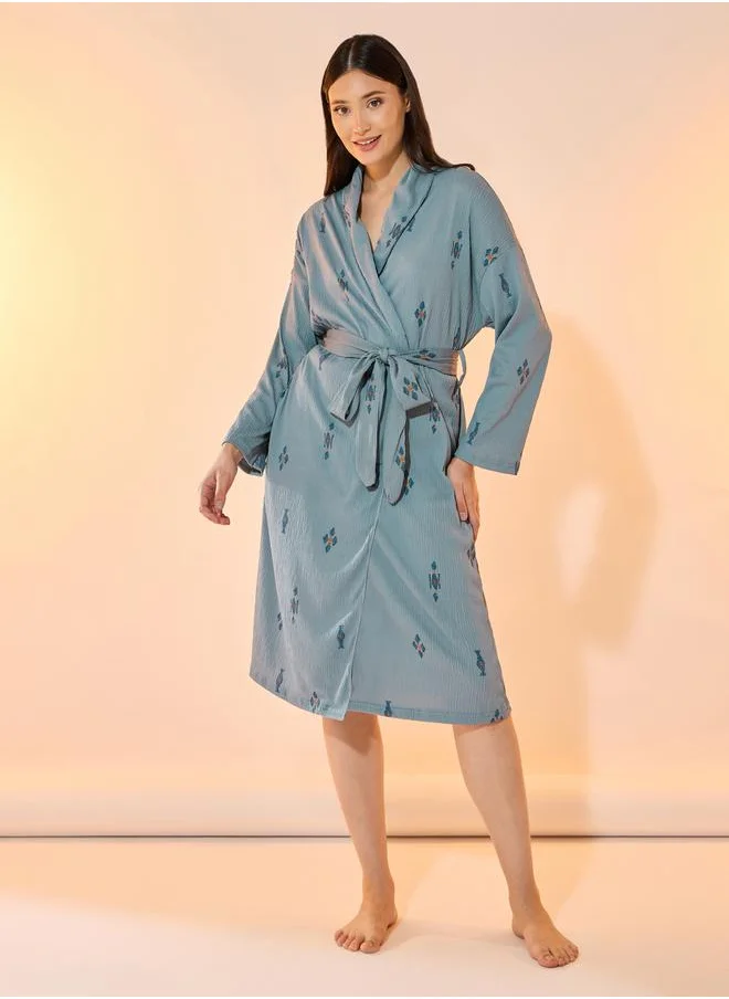 Take Two All Over Print Robe with Tie-Up Belt and Pockets