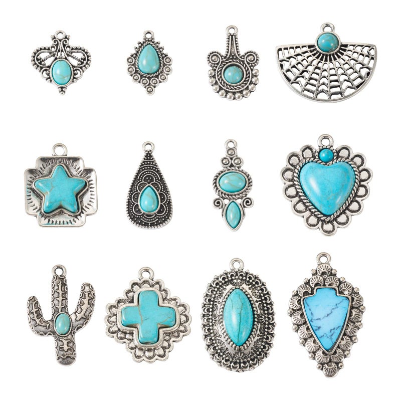 Spritewelry 24Pcs Synthetic Turquoise Charms 12 Styles Tibetan Style Vintage Pendants Western Charms Antique Silver Retro Big Dangle for Bohemia Earrings Nacklace Jewelry Making