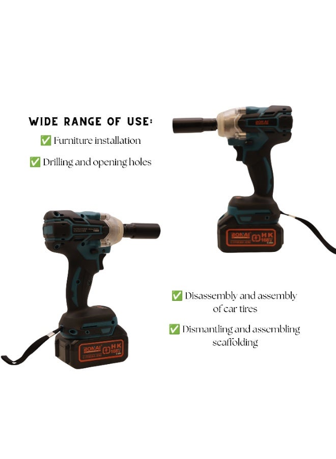 BONAI 168V Cordless Impact Wrench Kit, 300–320N.m Max Torque, 2300RPM, 3550 IPM, LED Work Light, 2 Lithium Batteries, Sockets, Bits & Charger Included – BN-HK139 - Image 4