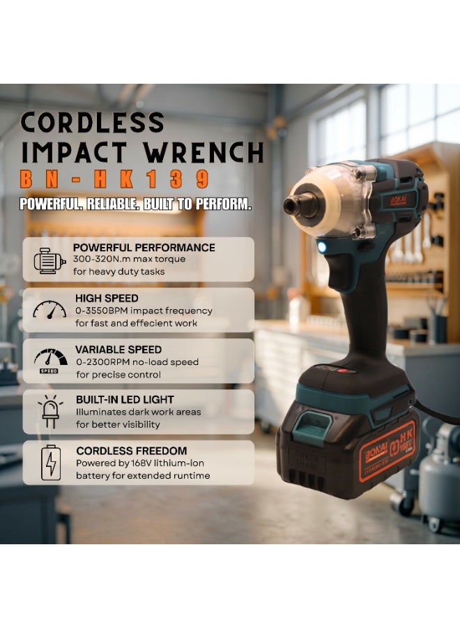 BONAI 168V Cordless Impact Wrench Kit, 300–320N.m Max Torque, 2300RPM, 3550 IPM, LED Work Light, 2 Lithium Batteries, Sockets, Bits & Charger Included – BN-HK139 - Image 2