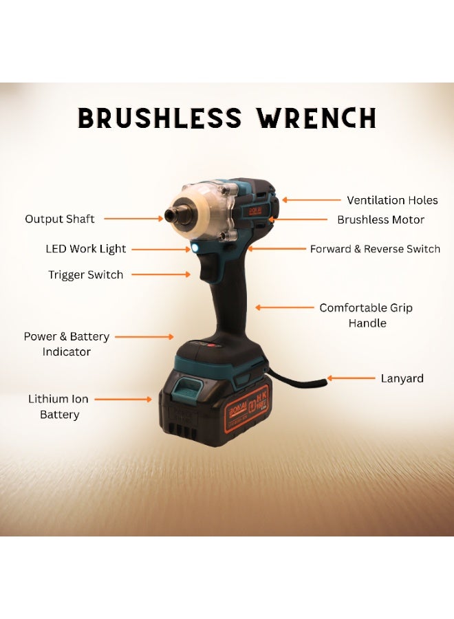 BONAI 168V Cordless Impact Wrench Kit, 300–320N.m Max Torque, 2300RPM, 3550 IPM, LED Work Light, 2 Lithium Batteries, Sockets, Bits & Charger Included – BN-HK139 - Image 3