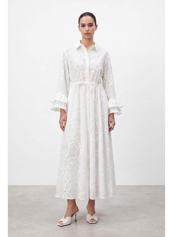Soul Women's Long Dress with Fisto Pattern and Sleeve Details – 32519ELB - ECRU - Image 1