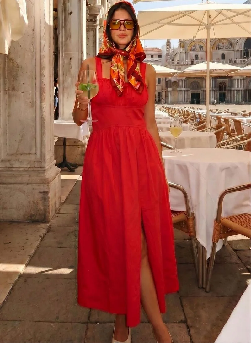 دينيس لينغو Women Red 100% Cotton Solid Midi Shift Fit And Flared Dress