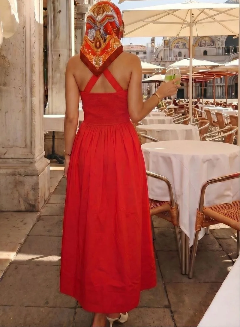 دينيس لينغو Women Red 100% Cotton Solid Midi Shift Fit And Flared Dress
