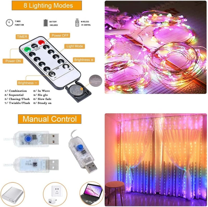 VEDARA RGB Curtain Led String Light for Home Decor USB Fairy Lights with 8 Modes Remote Controller Hanging Light for Room DecorBirthday DecorationWall DecorationDiwali Decoration98x98 Feet - Image 3