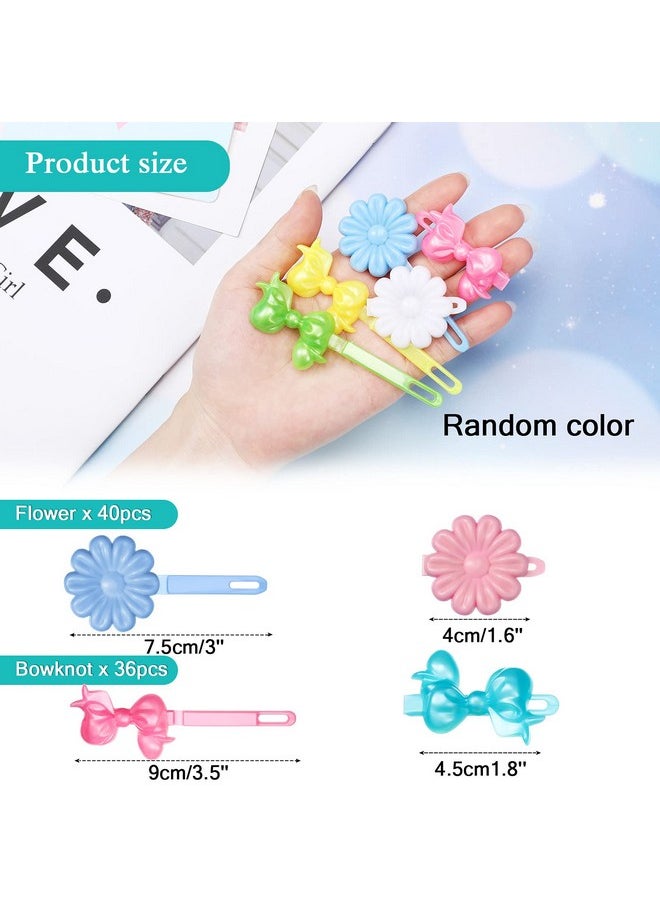 WILLBOND 76 Pieces Self Hinge Plastic Hair Barrettes For Girls Multicoloured Flower And Bowknot Hair Clips Cute Hair Barrettes 80S 90S Hair Clips Cartoon Design Hairpins Hair Accessories (Flower Bowknot)  - Image 2