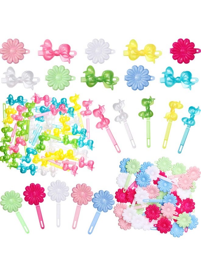 WILLBOND 76 Pieces Self Hinge Plastic Hair Barrettes For Girls Multicoloured Flower And Bowknot Hair Clips Cute Hair Barrettes 80S 90S Hair Clips Cartoon Design Hairpins Hair Accessories (Flower Bowknot)  - Image 1