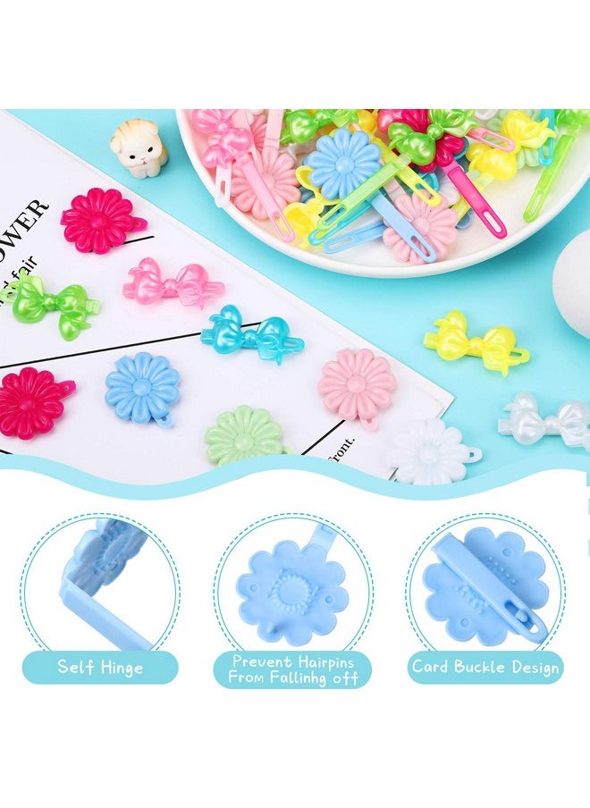 WILLBOND 76 Pieces Self Hinge Plastic Hair Barrettes For Girls Multicoloured Flower And Bowknot Hair Clips Cute Hair Barrettes 80S 90S Hair Clips Cartoon Design Hairpins Hair Accessories (Flower Bowknot)  - Image 3