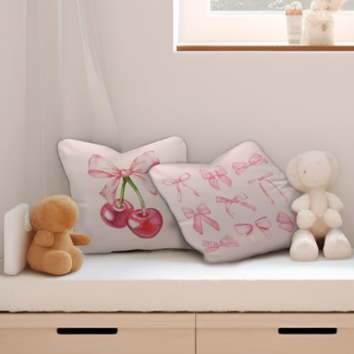 Nvotell Pink Cherry Decorative Pillow Covers Set of 2 - Preppy Bowknot Cases 18x18, Couch Covers, Coquette Room Decor, Bow Covers for Living Room Sofa Bed - Image 4
