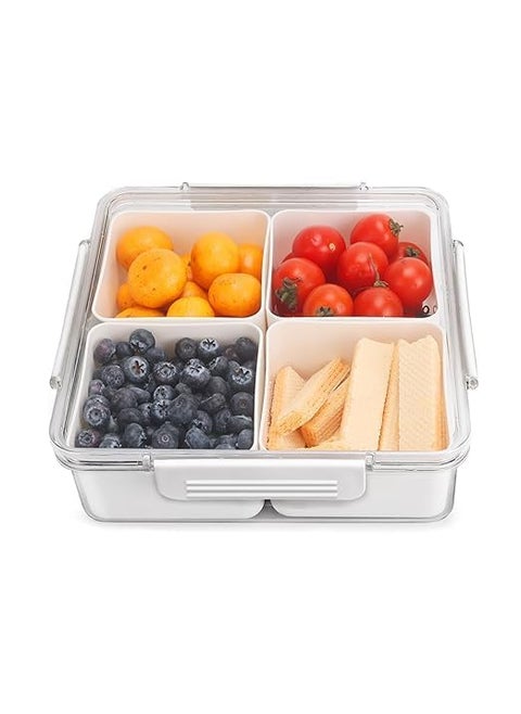 DIKSUL Fridge Storage Container Box Divided Veggie Tray with Lid Sealed Sectioned Snack Serving Platter Storage with 4 Compartments Square Food Storage Box Snackle Box