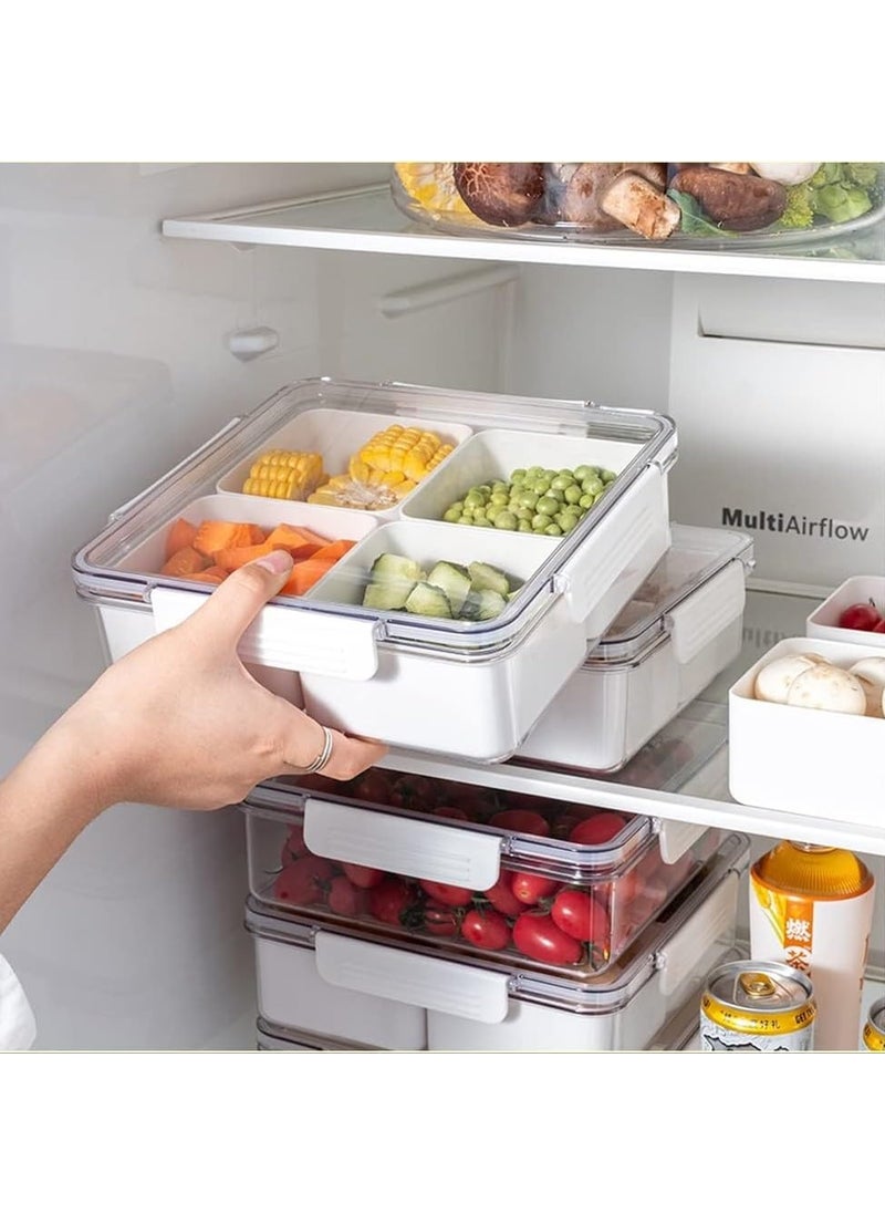 DIKSUL Fridge Storage Container Box Divided Veggie Tray with Lid Sealed Sectioned Snack Serving Platter Storage with 4 Compartments Square Food Storage Box Snackle Box