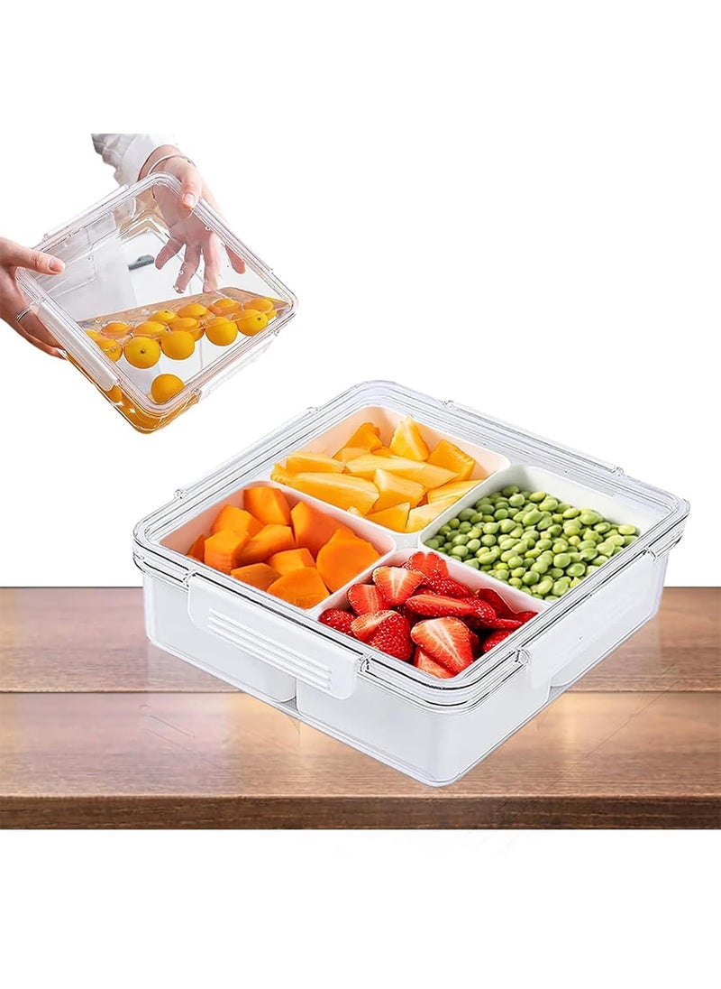 DIKSUL Fridge Storage Container Box Divided Veggie Tray with Lid Sealed Sectioned Snack Serving Platter Storage with 4 Compartments Square Food Storage Box Snackle Box