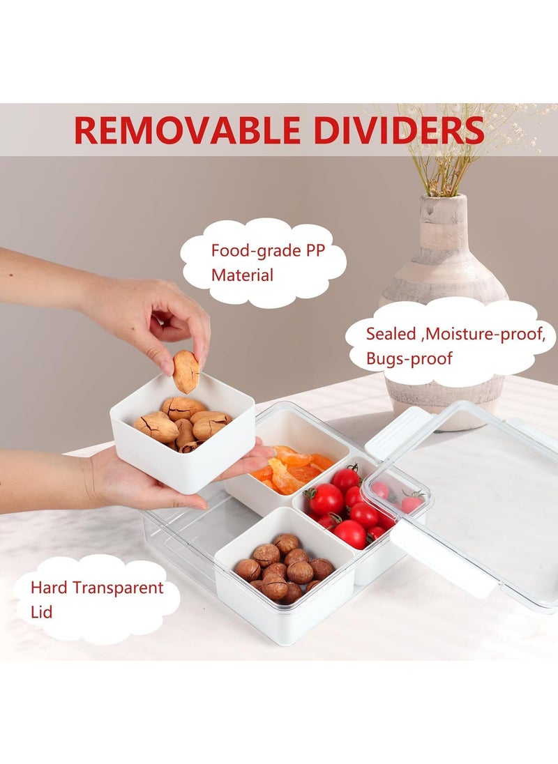 DIKSUL Fridge Storage Container Box Divided Veggie Tray with Lid Sealed Sectioned Snack Serving Platter Storage with 4 Compartments Square Food Storage Box Snackle Box