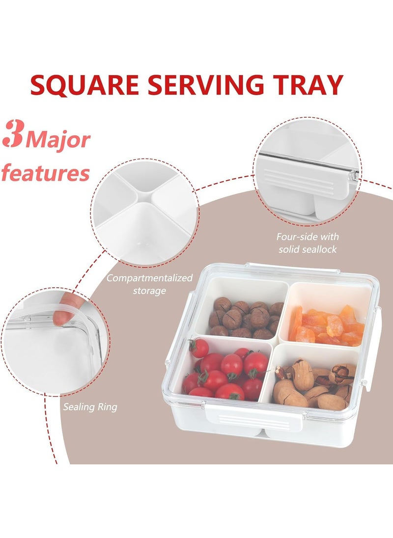 DIKSUL Fridge Storage Container Box Divided Veggie Tray with Lid Sealed Sectioned Snack Serving Platter Storage with 4 Compartments Square Food Storage Box Snackle Box
