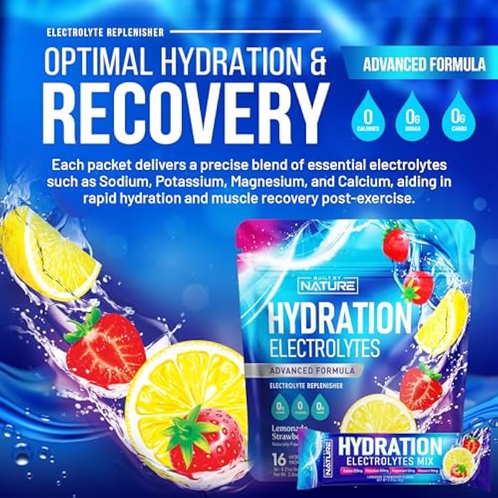 Built By Nature Electrolytes Powder Hydration Packets – Recovery Drink Mix with Sodium, Potassium, Magnesium, Calcium, Vitamin C & Zinc – Sugar Free, Keto, Non GMO & Vegan – Strawberry Lemonade – 16 Sticks - Image 3