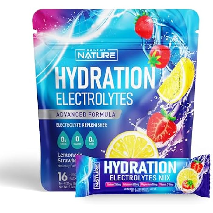 Built By Nature Electrolytes Powder Hydration Packets – Recovery Drink Mix with Sodium, Potassium, Magnesium, Calcium, Vitamin C & Zinc – Sugar Free, Keto, Non GMO & Vegan – Strawberry Lemonade – 16 Sticks - Image 1
