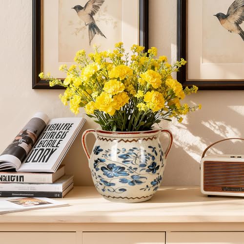 BUYMAX Ceramic Plant Pots for Indoor Plants with Drainage Hole, Vintage Crackle Glaze Hand-Painted Blue Flower Planter with Handles, Small Decorative Hanging Planter - Image 2