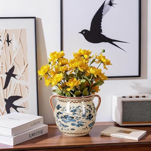 BUYMAX Ceramic Plant Pots for Indoor Plants with Drainage Hole, Vintage Crackle Glaze Hand-Painted Blue Flower Planter with Handles, Small Decorative Hanging Planter - Image 3