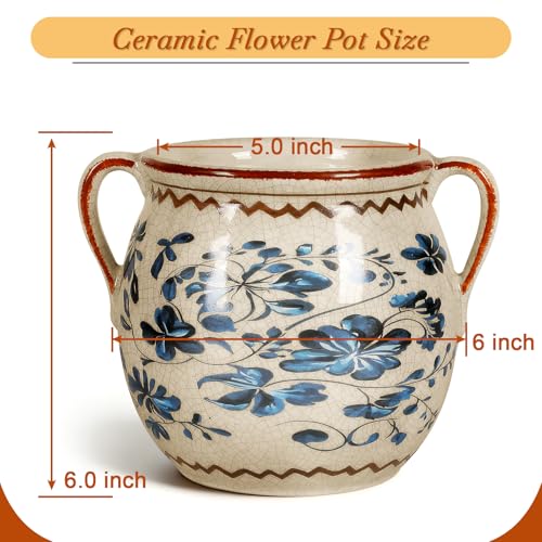 BUYMAX Ceramic Plant Pots for Indoor Plants with Drainage Hole, Vintage Crackle Glaze Hand-Painted Blue Flower Planter with Handles, Small Decorative Hanging Planter - Image 5