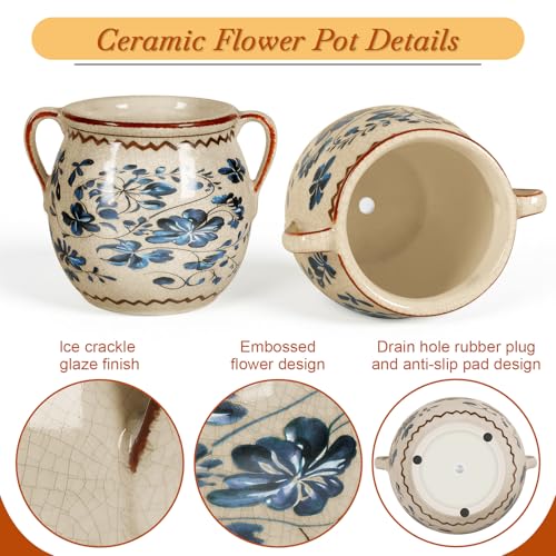 BUYMAX Ceramic Plant Pots for Indoor Plants with Drainage Hole, Vintage Crackle Glaze Hand-Painted Blue Flower Planter with Handles, Small Decorative Hanging Planter - Image 4