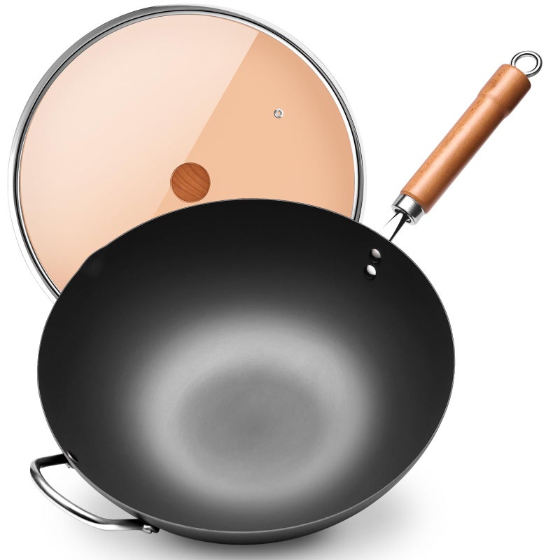 WANGYUANJI Iron Wok1259 inch Woks for Stirfry Chinese Stir Fry Pan Uncoated Traditional Flat Bottom Iron Pot for Induction Electric Gas Suitable for All StovesPure Iron Wok