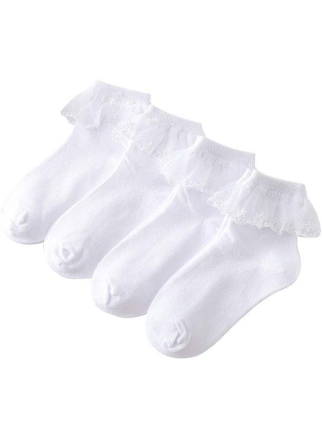 Looching 4 Pairs Toddler Baby Girls Lace Princess Socks Cotton Ruffled Solid Ankle Socks White 5-8T - Image 1