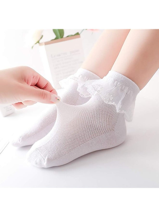 Looching 4 Pairs Toddler Baby Girls Lace Princess Socks Cotton Ruffled Solid Ankle Socks White 5-8T - Image 4