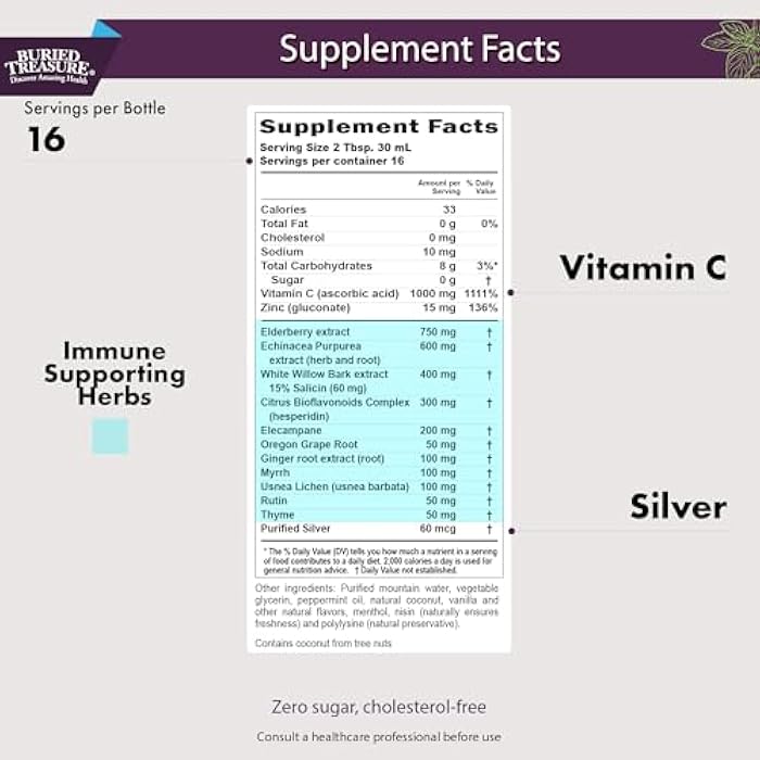 Buried Treasure ACF Immune Support - 16 oz, 16 Servings, Vitamin C, Elderberry, Zinc, Liquid Immune Booster with Vitamins and Minerals w/ Dose Cup - Image 2