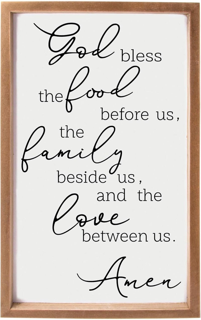 VILIGHT Framed Farmhouse Family Wall Decor for Dining Room and Kitchen - Rustic Wood Sign with Quotes Bless The Food Before Us - Image 1