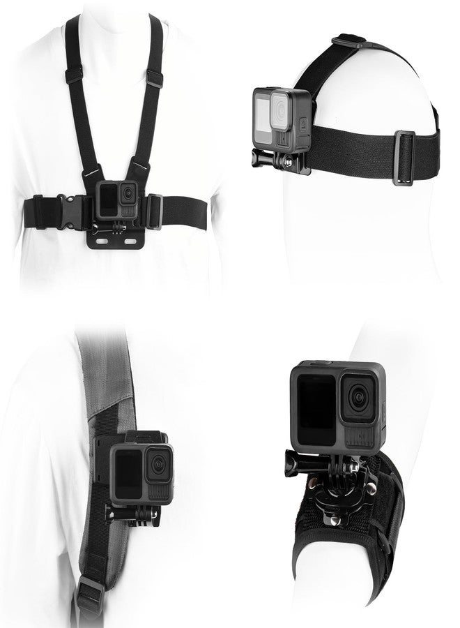 BRDRC مجموعة ملحقات BRDRC لكاميرات GoPro، تتضمن حزام تثبيت على الرأس والصدر، وحزام كتف، ومشبك تثبيت على حقيبة الظهر، وحزام معصم، ومحول دوار 360 درجة مع آلية تحرير سريعة لكاميرات DJI Action 5 Pro 4 3، ومجموعة ملحقات لكاميرات GoPro Hero. - Image 1