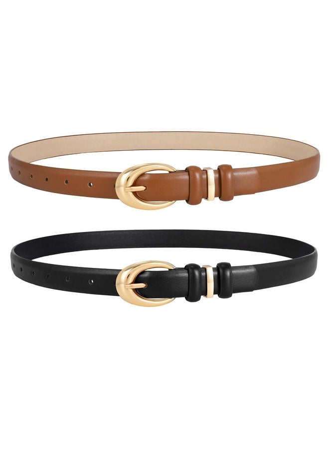 LEACOOLKEY - 2 Pack Women Leather Belts For Jeans Dress Fashion Skinny Belt With Gold Silver Buckle - Image 1