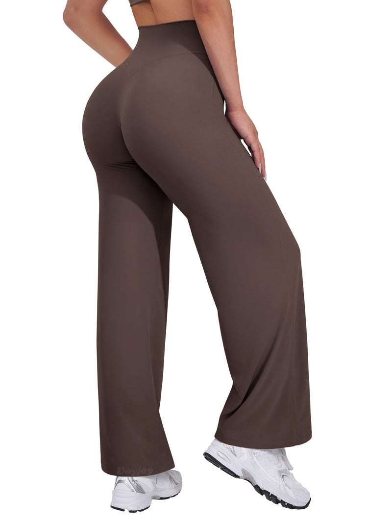 VOYJOY Straight Leggings Bottoms Wide Leg Pants for Women 29"/ 31.5"/33"/35" High Waist Stretch Casual Sweatpants Plum Brown - Image 1