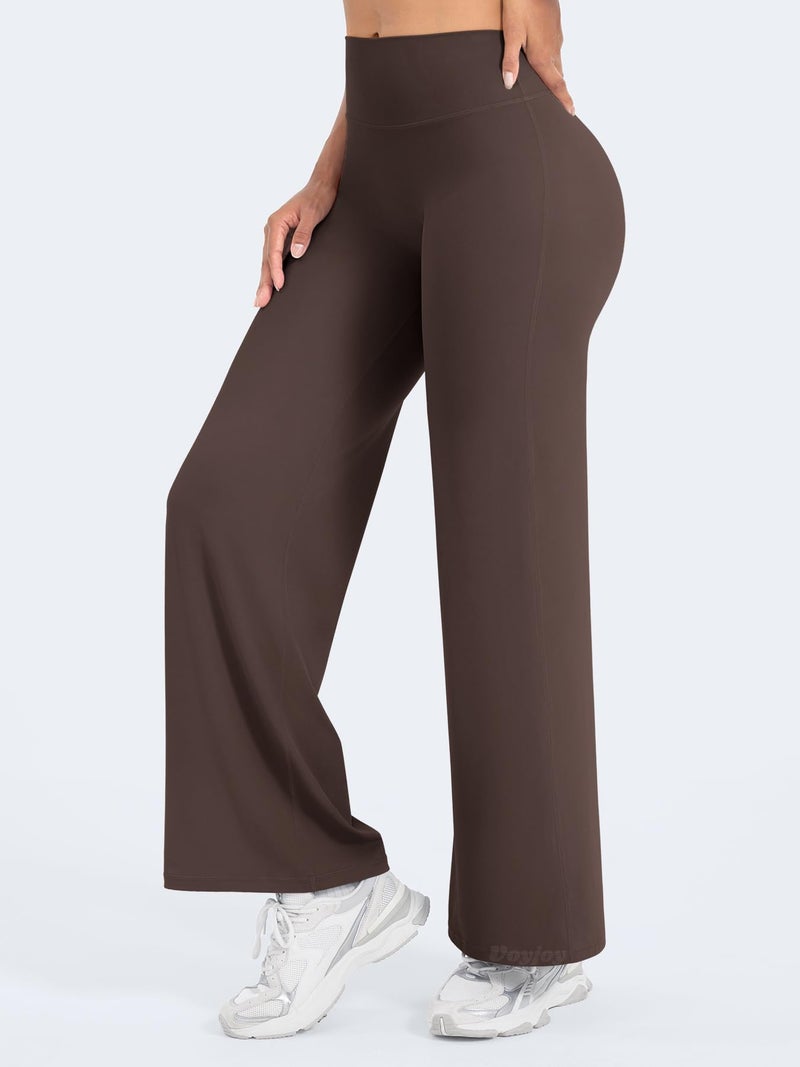 VOYJOY Straight Leggings Bottoms Wide Leg Pants for Women 29"/ 31.5"/33"/35" High Waist Stretch Casual Sweatpants Plum Brown - Image 4