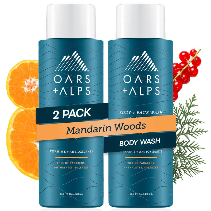 Oars + Alps Mens Moisturizing Body and Face Wash, Skin Care Infused with Vitamin E and Antioxidants, Sulfate Free, Mandarin Woods, 13.5oz, 2 Pack - Image 1