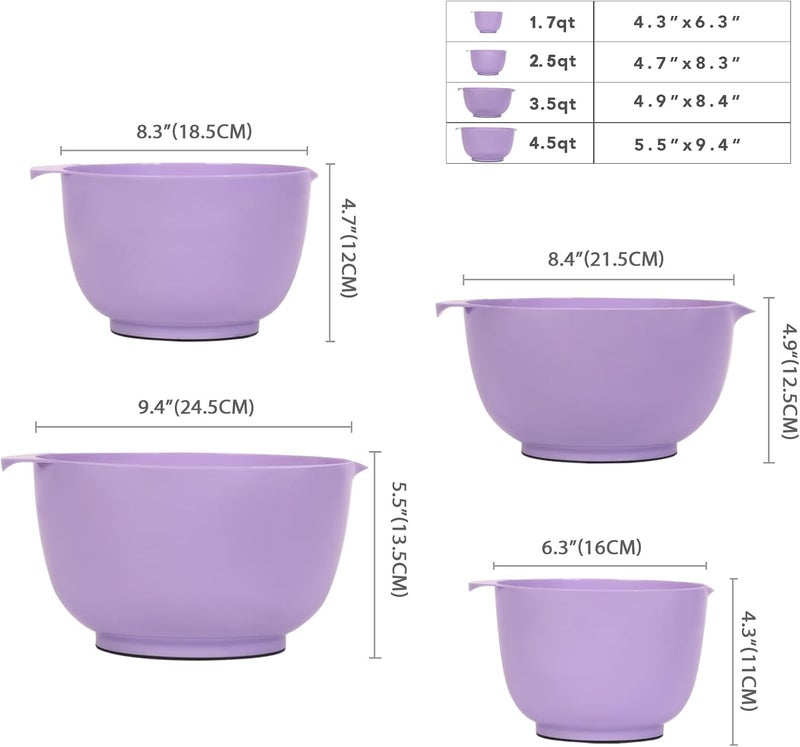 BoxedHome طقم وعاء خلط بلاستيكي متداخل، 4 قطع مع فوهات صب، بحجم 1.7 و 2.5 و 3.5 و 4.5qt، للتحضير والخلط والخبز والطهي (إصدار 2023 الجديد، بنفسجي) - Image 4