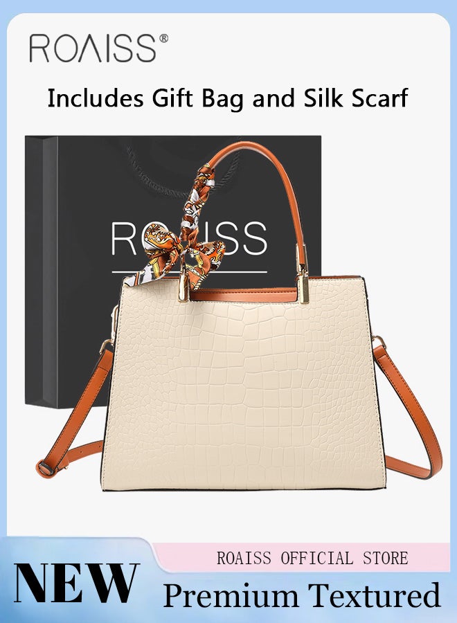 roaiss Women Stylish Handbag with Top Handle and Exquisite Silk Scarf, Large Capacity Shoulder Bag with Adjustable Strap and Zipper Closure, Elegant Chic Crossbody Bag for Ladies, Ideal for Dating, Shopping and Everyday Use - Image 1