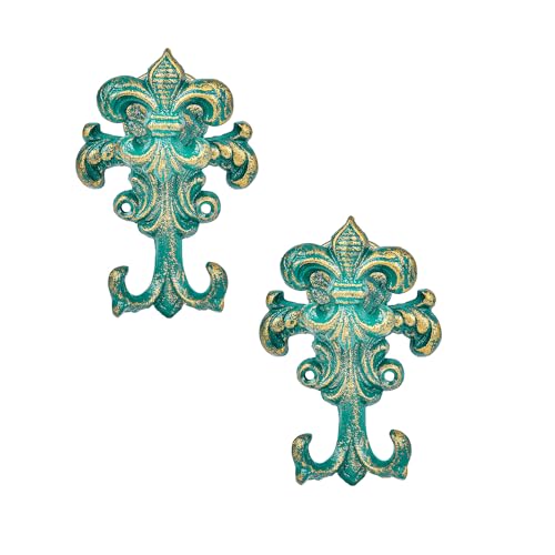 Sungmor Decorative Cast Iron Wall Hooks Set of 2 Vintage Coat Hooks Farmhouse Key Holder Large Coat Hanger Towel Rack Antique Green Wall Mounted Hooks for Hanging Keys Robes Hats Dog Leashes - Image 1
