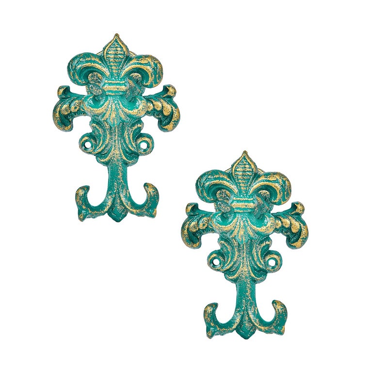 Sungmor Decorative Cast Iron Wall Hooks Set of 2 Vintage Coat Hooks Farmhouse Key Holder Large Coat Hanger Towel Rack Antique Green Wall Mounted Hooks for Hanging Keys Robes Hats Dog Leashes - Image 2