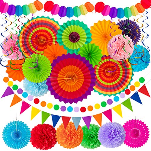 Moon Boat 35PCS Fiesta Paper Fan Party Decorations Set - Cinco De Mayo Pom Poms,Pennant,Garland String,Banner,Hanging Swirls Hispanic Heritage Month Decor Supplies,Multicolored - Image 1