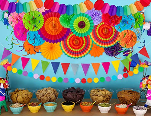 Moon Boat 35PCS Fiesta Paper Fan Party Decorations Set - Cinco De Mayo Pom Poms,Pennant,Garland String,Banner,Hanging Swirls Hispanic Heritage Month Decor Supplies,Multicolored - Image 2